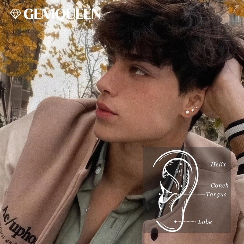 GEMQUEEN 3 أزواج من أقراط المويزنايت مع دبابيس مطلية بالذهب عيار 14K فضة استرلينية S925 مع ظهر مسطح للنساء والرجال - مجموعة مضادة للحساسية للمجوهرات المثقوبة في الغضروف والهيليكس، هدايا عصرية لعيد الشكر وعيد الميلاد، لون D VVS1 1.8CT - Image 5